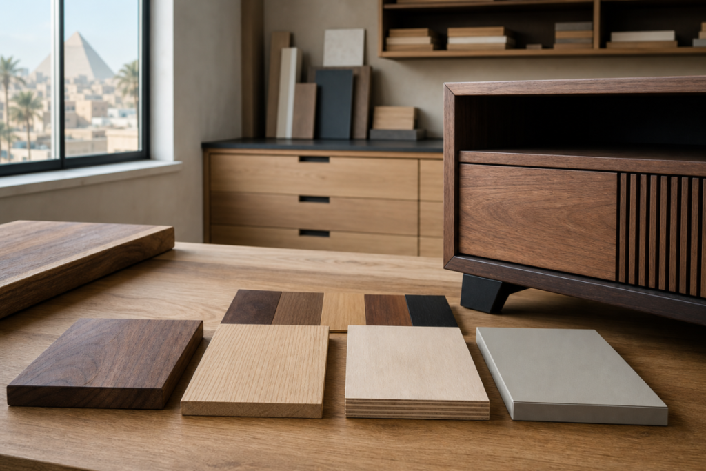 Wood, plywood, veneer and sealed panel samples for lower-emission custom furniture in Egypt