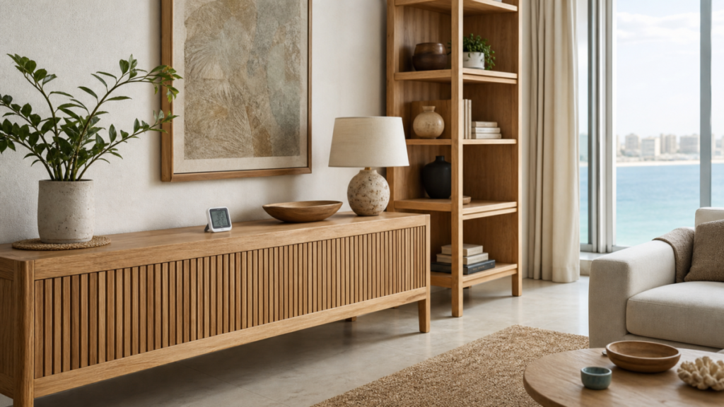Oak furniture with a humidity monitor in a bright Alexandria apartment