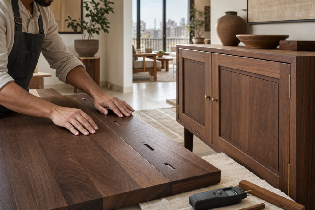 Furniture maker checking a solid walnut tabletop designed for seasonal wood movement in an Egyptian home