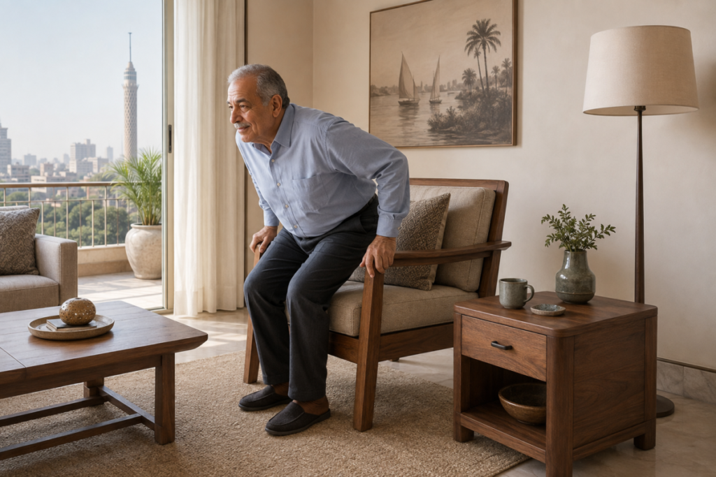 Older Egyptian man rising from a supportive custom walnut armchair in a bright Cairo living room