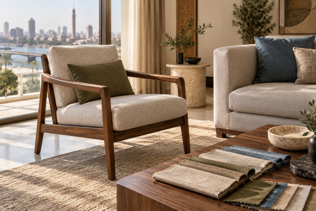 Custom walnut chair and sofa with upholstery fabric swatches in a sunlit Cairo living room