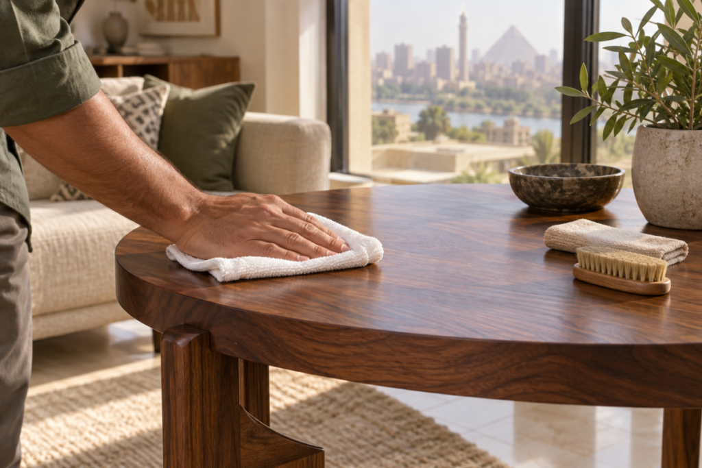 Hand gently cleaning a custom walnut table with a soft cloth in a sunlit Cairo home