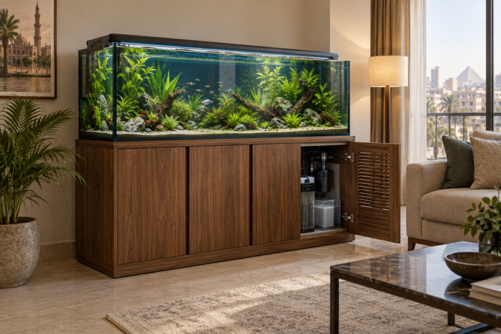 Custom walnut aquarium cabinet with ventilated filtration storage in a Cairo living room