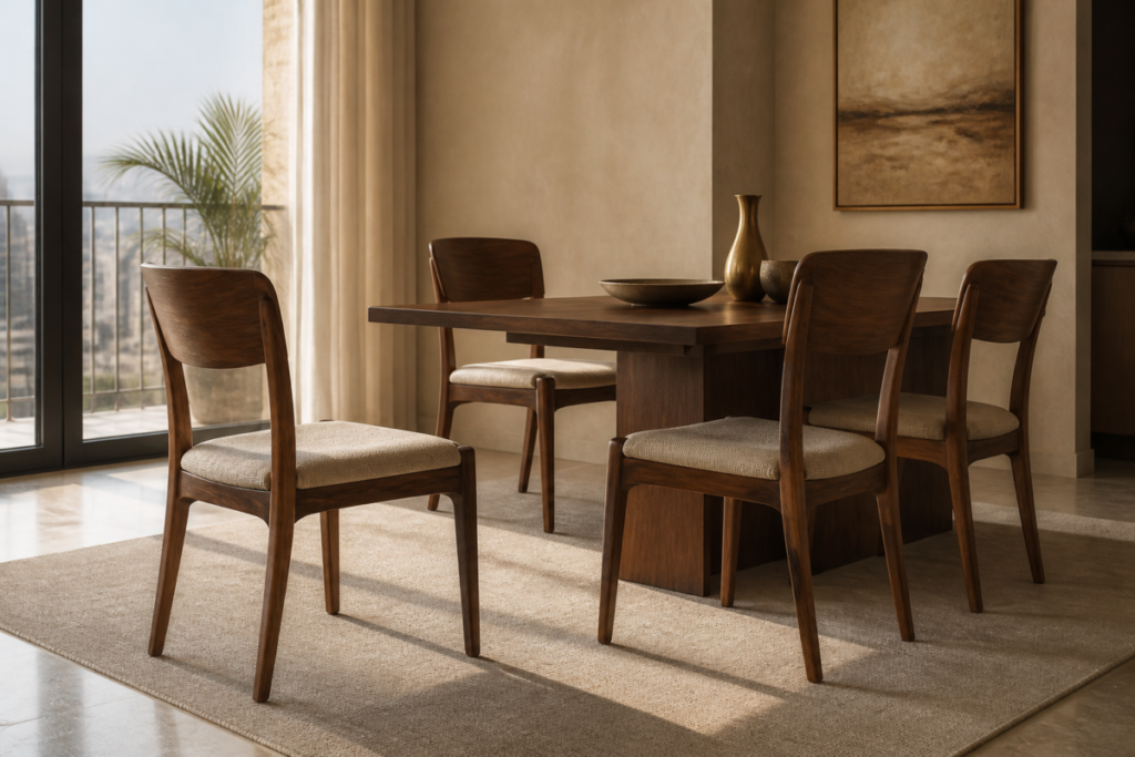 Custom walnut dining chairs with curved backs and neutral upholstered seats in a contemporary Cairo dining room