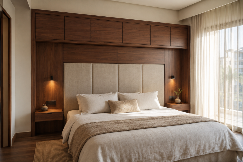 Custom walnut headboard wall with upholstered panels, bedside shelves, reading lights, and overhead storage in a Cairo bedroom