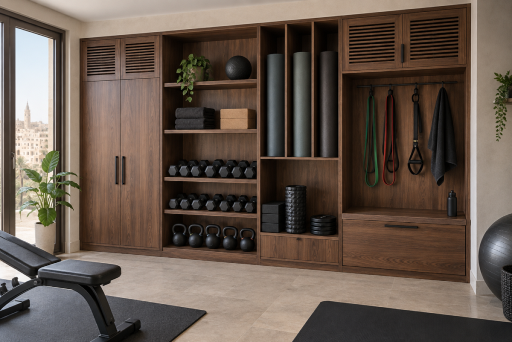 Custom walnut home-gym storage wall with reinforced weight shelves and ventilated cabinets in Cairo