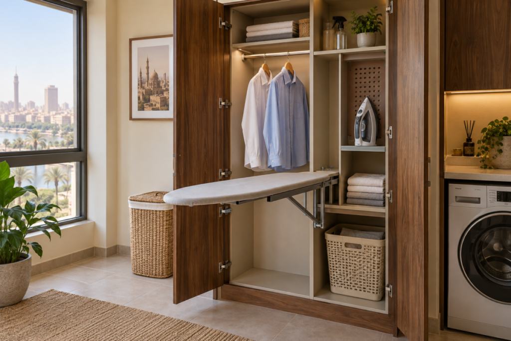Custom walnut ironing station cabinet with fold-down board and ventilated iron storage in a Cairo apartment