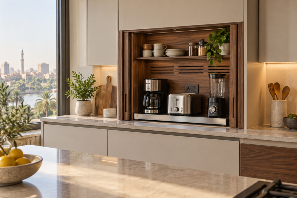 Custom walnut kitchen appliance garage with coffee maker, toaster, blender, ventilation, and power access in a Cairo apartment