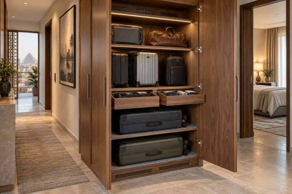 Custom walnut luggage storage cabinet with reinforced shelves, travel accessory drawers, and ventilation in a Cairo apartment