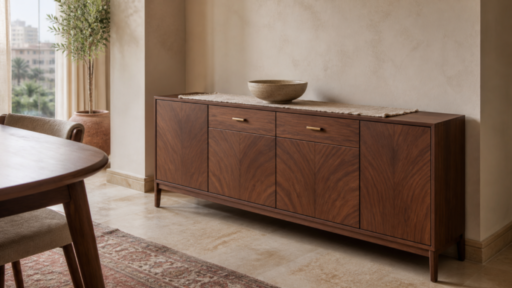 Custom walnut sideboard with drawers and closed storage in a modern Cairo dining room