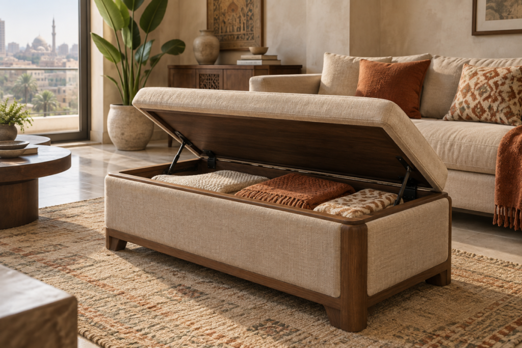 Custom walnut storage ottoman with a supported upholstered lid in a Cairo living room