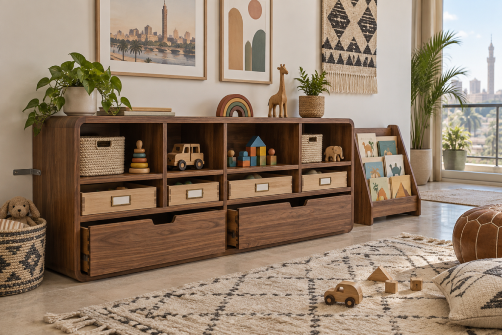 Low custom walnut toy storage with open bins and drawers in a Cairo family room