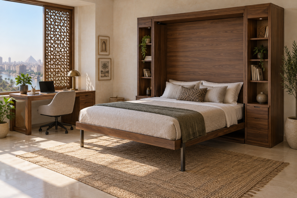 Custom walnut wall bed open in a compact Cairo guest room and home office