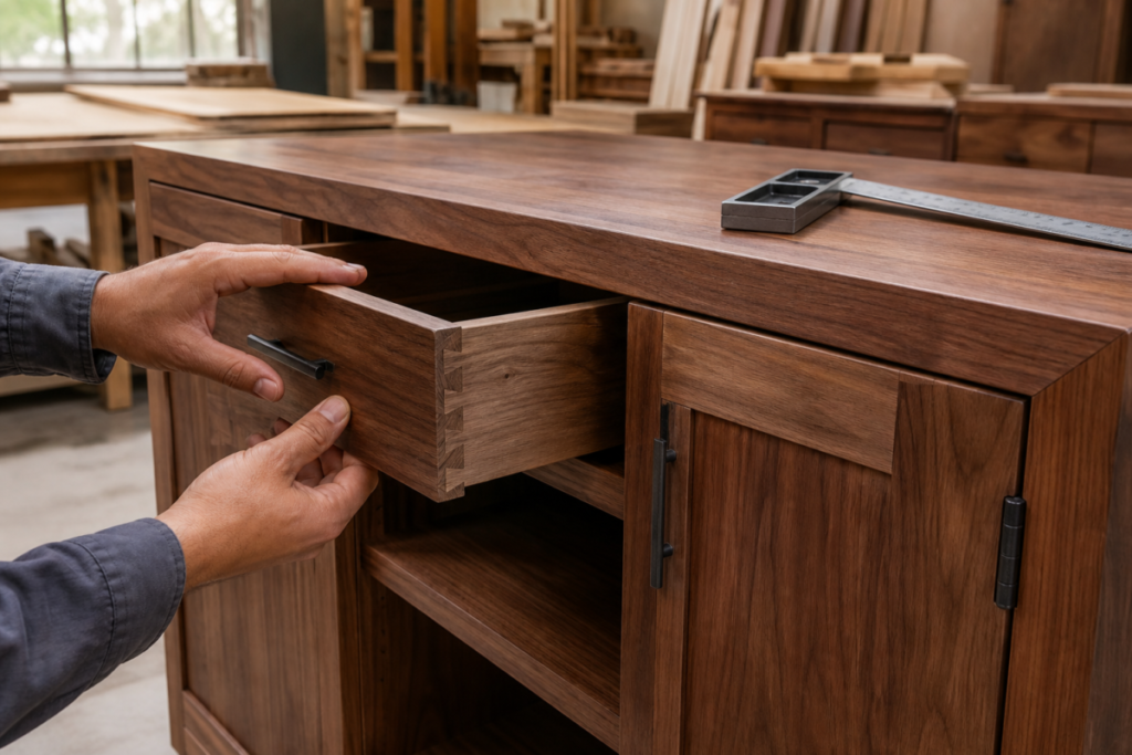 Craftsperson inspecting a dovetail drawer and hardware on a custom walnut cabinet in an Egyptian workshop